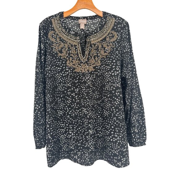 Chicos 2 women's blouse top size large  Black Tunic  Embroidered Long Sleeve - Picture 1 of 5